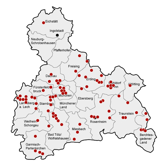 Bezirk Oberbayern Orte mit DPs rot