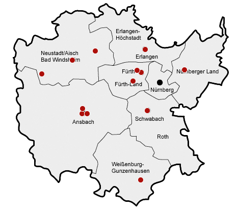 Bezirk Mittelfranken Orte mit DPs rot