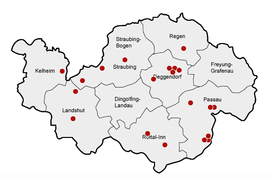 Bezirk Niederbayern Orte mit DPs rot
