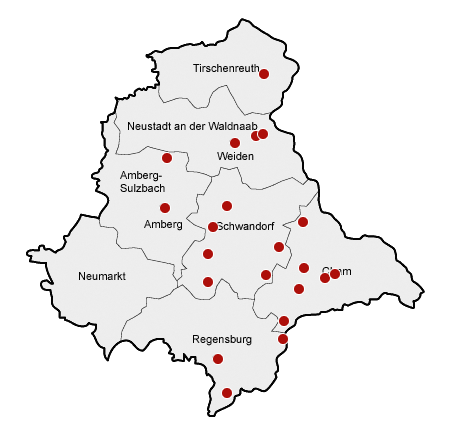 Bezirk Oberpfalz Orte mit DPs rot