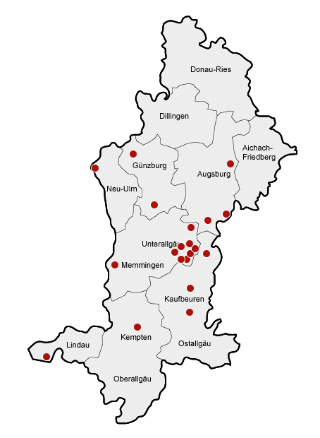 Bezirk Schwaben Orte mit DPs rot
