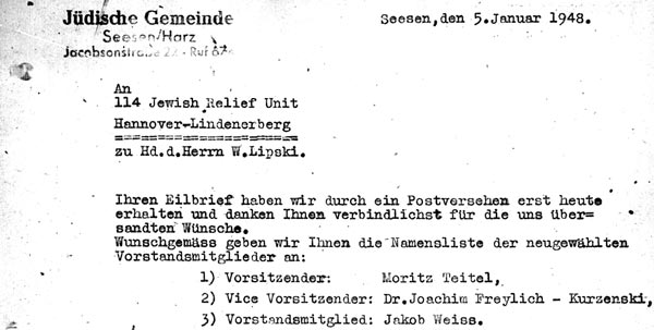 Briefkopf Jüdische Gemeinde Seesen/Harz | Letter head Jewish Community Seesen/Harz